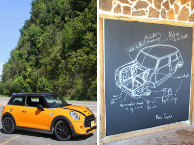 The Mini Cooper S on the road (left) and a sketch of the Mini