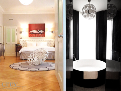 Sans Souci Wien Master Suite bedroom and circular bathtub