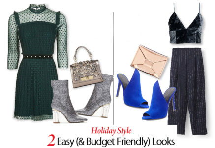 City Style and Living MAgazine New Years Eve fashion green topshop dress with sparkly booties and a velvet crop top with blue mules and a metallic clutch