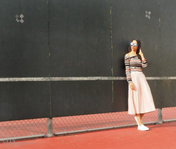 City STyle and Living The Editors Notebook style blogger tennis court topshop metallic skirt, off shoulder free people top, le specs sunglasses and white sneakers