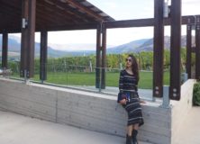 The Editors Notebook style blogger at Culmina family estate winery carbernet stripe maxi dress, tous purse and chelsesa boots