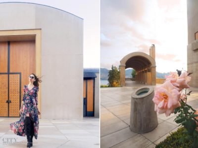 The Editors Notebook style blogger at Mission Hill family estate winery at sunset wearing ralph lauren maxi dress and sam edelman thigh high boots and blooming roses