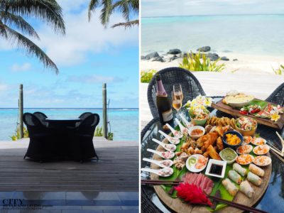 City Style and Living Magazine rarotonga cook islands luxury hotels rumours luxury villas and spa deck with dining table and seafood platter