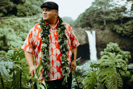 City Style and Living Magazine Spring 2019 Multi-Grammy Award Winner Kalani Pe'a portrait in hawaii with waterfall