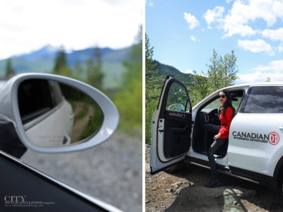 City Style and Living Magazine Summer 2019 Porsche Experience Whistler Cayenne S rear view mirror and getting out of vehicle