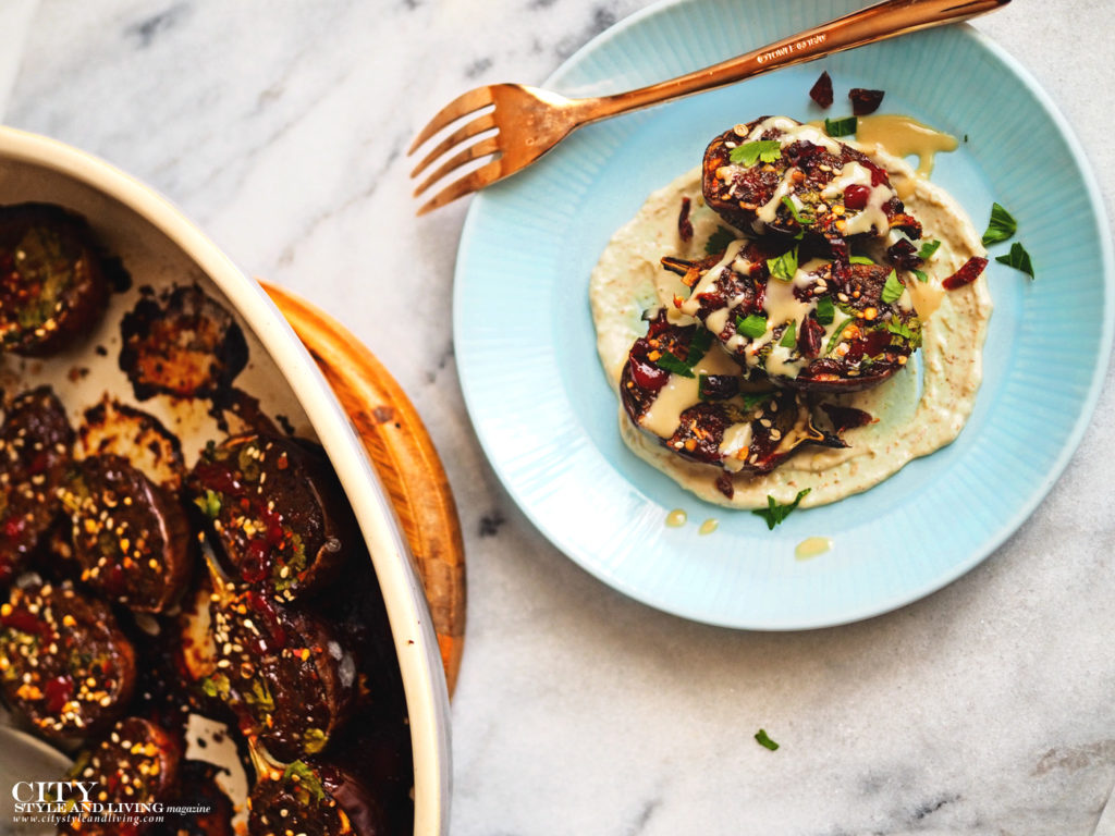 Oven Roasted Eggplant with Yogurt Dip and Harissa-Date Paste