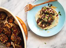 Oven Roasted Eggplant with Yogurt Dip and Harissa-Date Paste