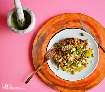 City Style and Living Fall 2021 Roasted Cauliflower Steak with Pesto, Chickpeas, Feta and Hummus pink