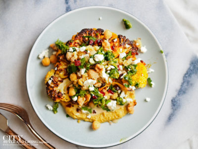 City Style and Living Fall 2021 Roasted Cauliflower Steak with Pesto, Chickpeas, Feta and Hummus