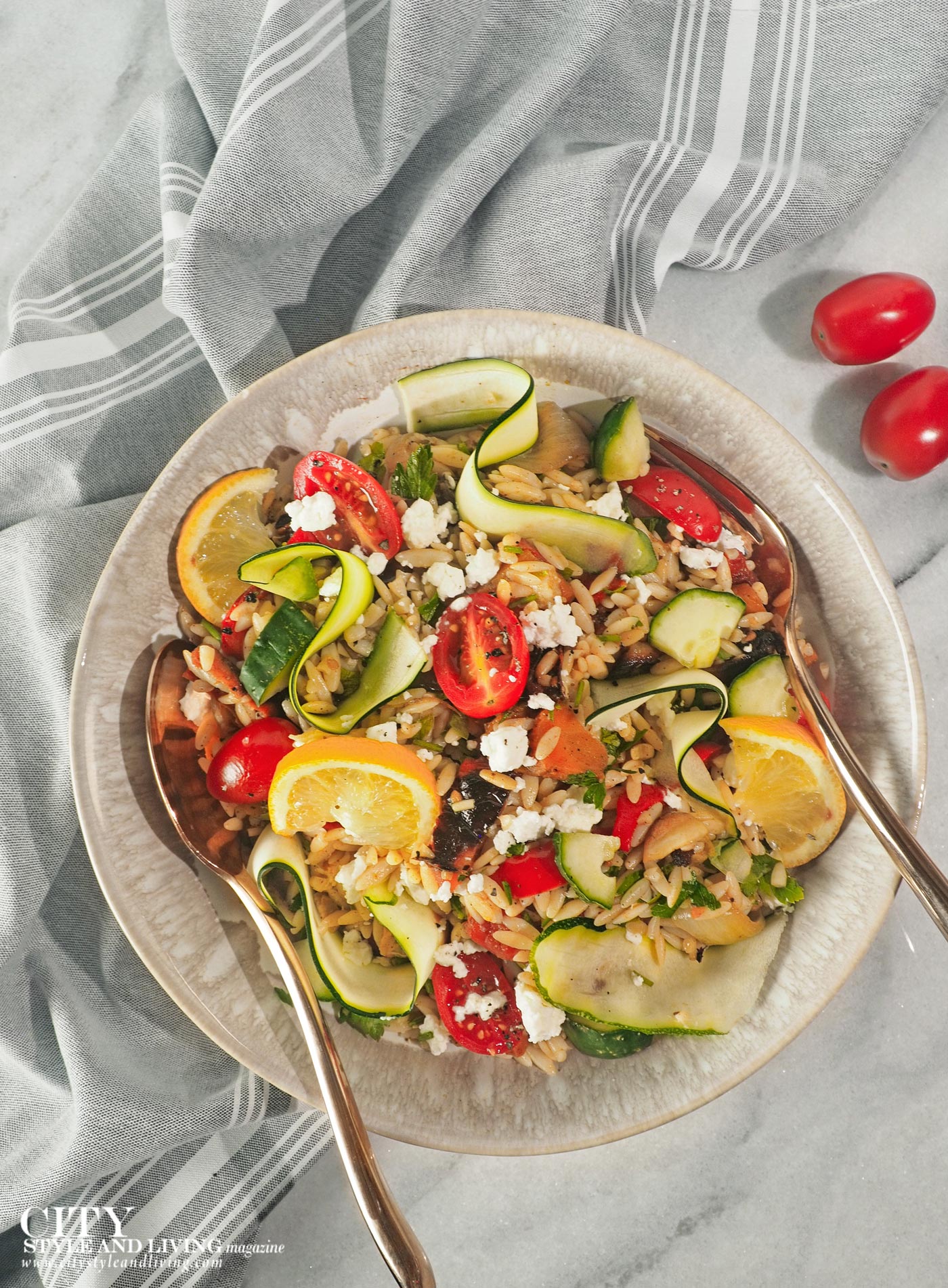 Easy weeknight Greek Orzo, Zucchini, Olive and Feta Salad