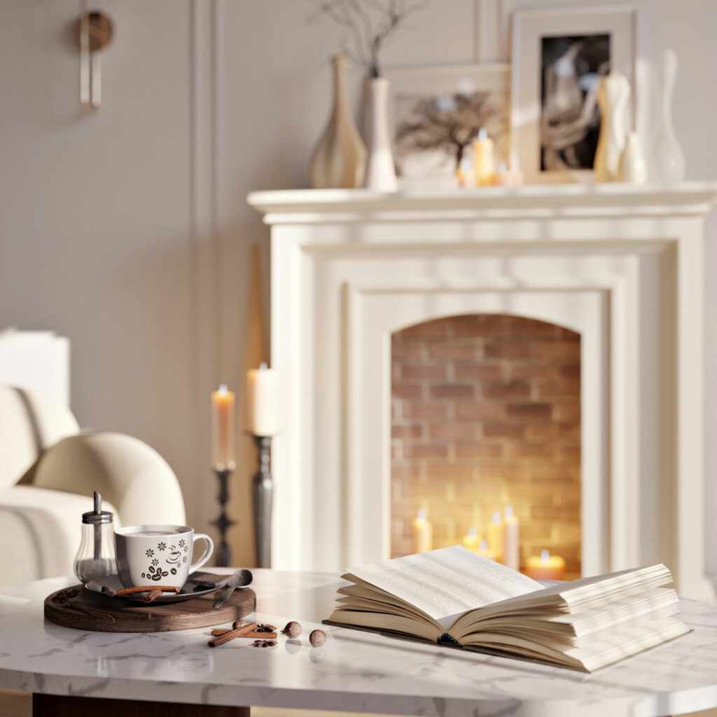 City Style and Living Spring 2024 How to Get The Cozy Girl Look Fireplace with open Book
