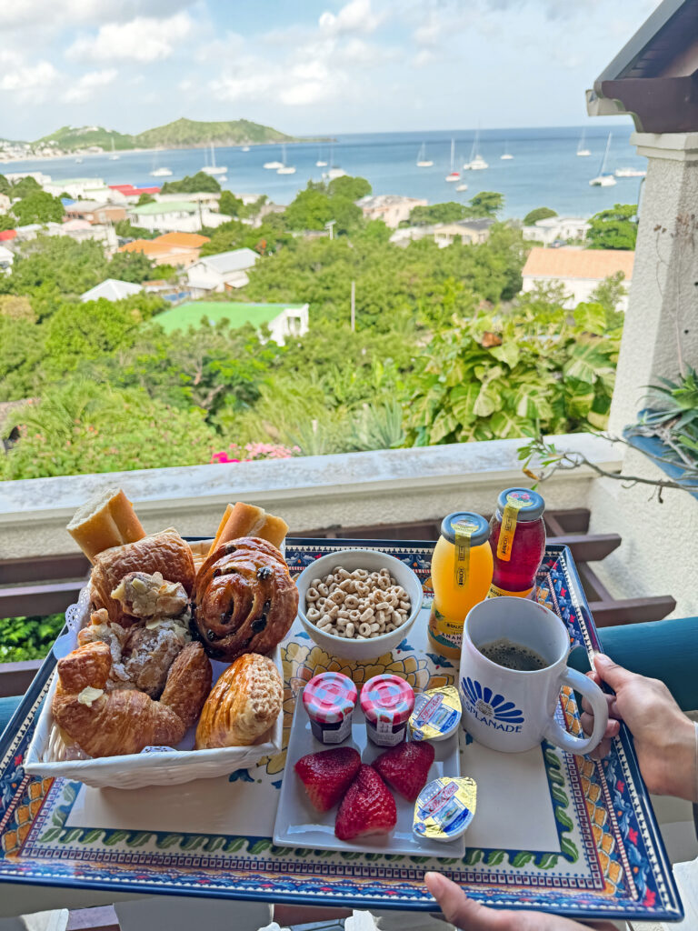 City Style and Living Fall 2024 Hotel L'Esplanade St. Martin Breakfast on patio overlooking boats in water