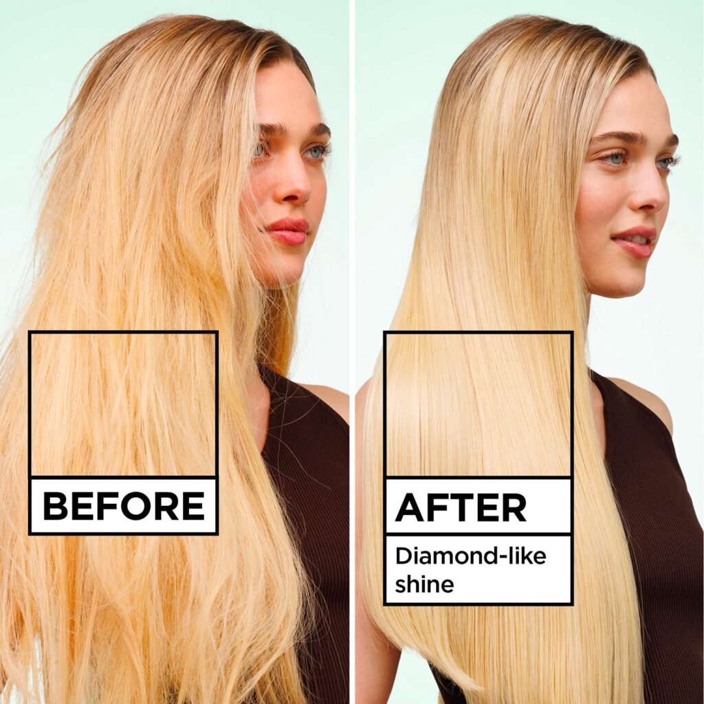 Garnier Fructis Diamond Sleek Shine-Coat Smoothing Spray before after blonde