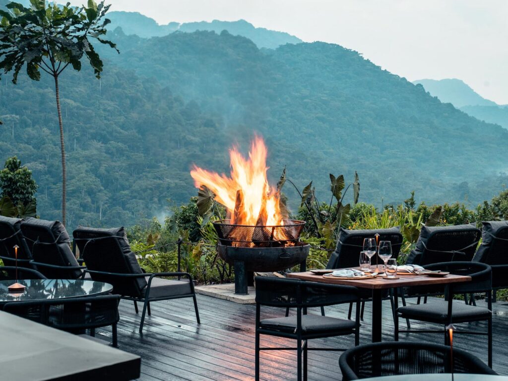 City Style and Living Magazine Fall 2026 Silverback Lodge in Uganda's Bwindi Impenetrable Forest fireplace and atmosphere